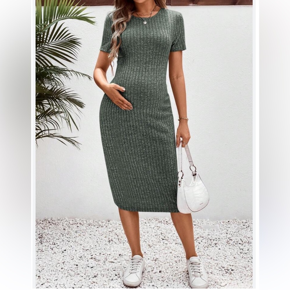 SHEIN Olive Ribbed Knit Midi Dress maternity